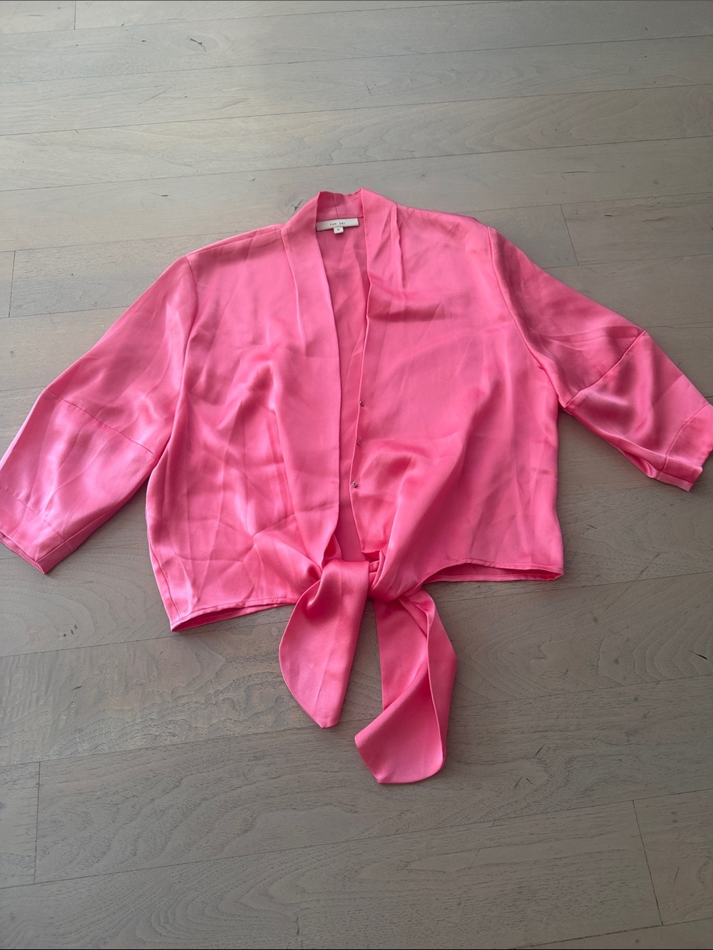 Bright Pink 100% Silk Short Sleeve Tie Blouse